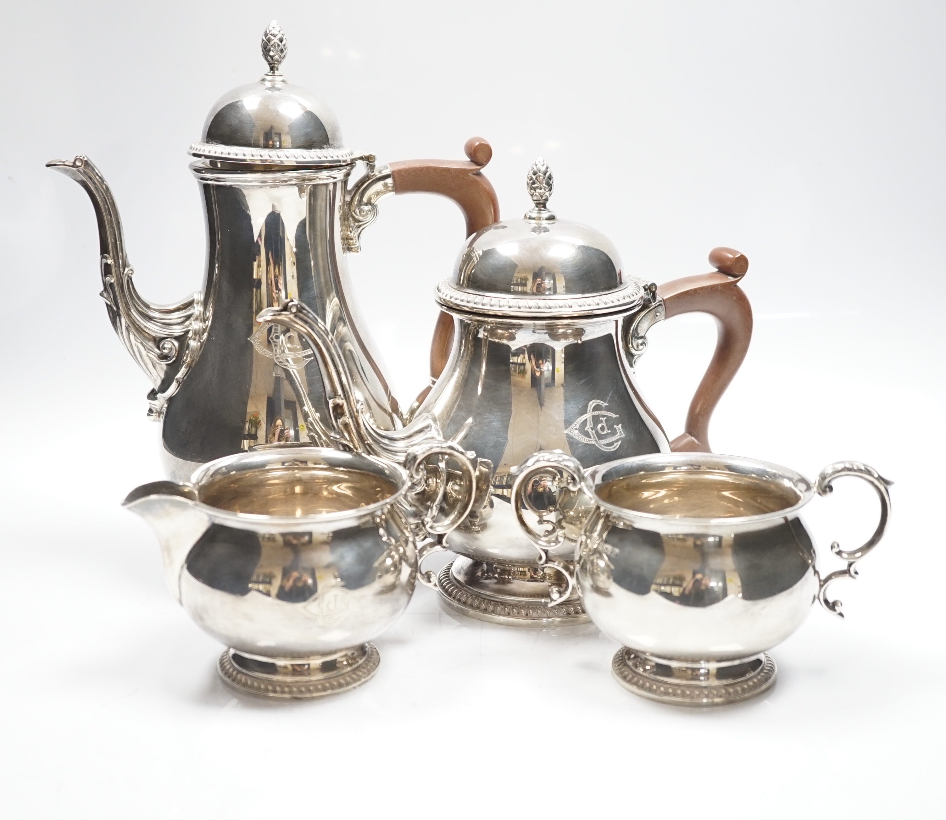 An Elizabeth II four piece silver tea and coffee service, Barker, Ellis Silver Co, Birmingham, 1991, gross weight 53.6oz.
